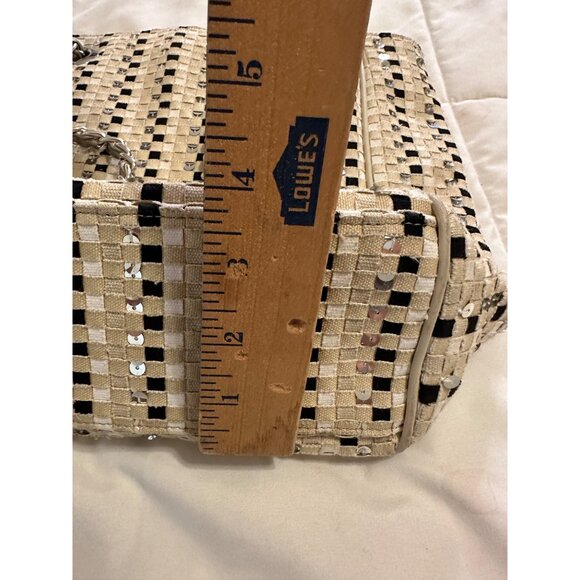 Talbots Woven Sequin-Accented Handbag Chain Straps Beige Black Elegant Tote Bag - Picture 11 of 11